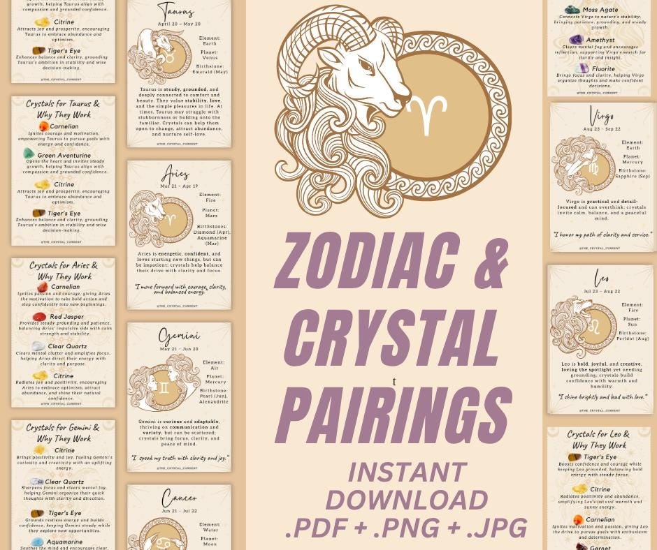 Zodiac and crystal pairing cards A6 astrology printable digital downlo