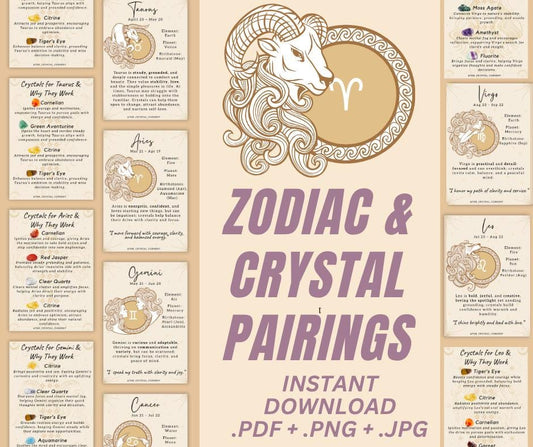 Zodiac and crystal pairing cards A6 astrology printable digital downlo