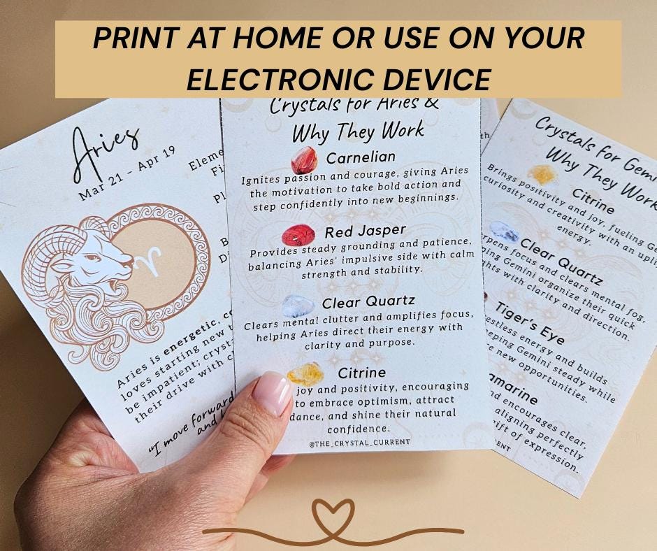 Zodiac and crystal pairing cards A6 astrology printable digital downlo