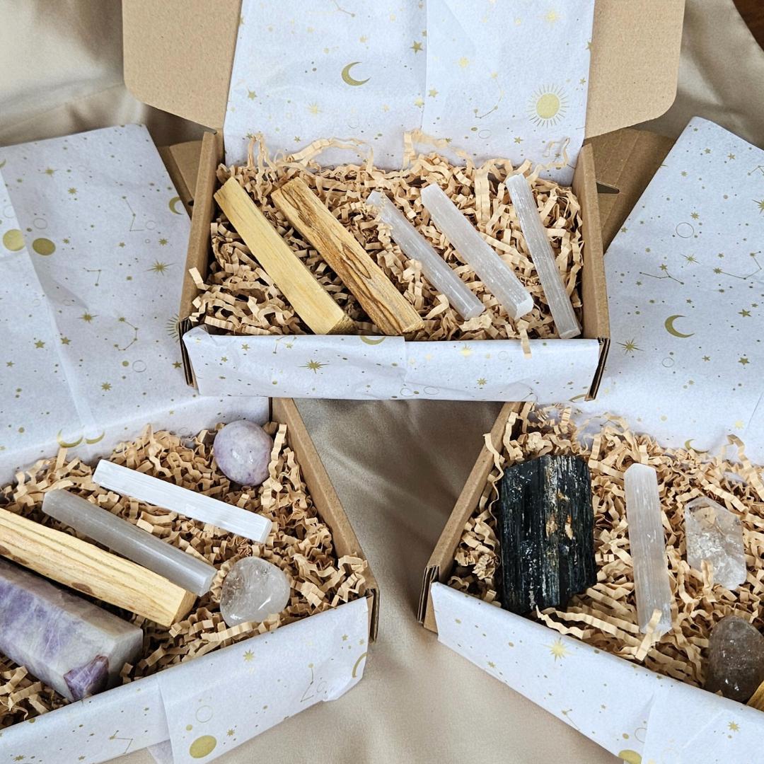 Crystal kit energy cleansing selenite and palo santo gift box for home