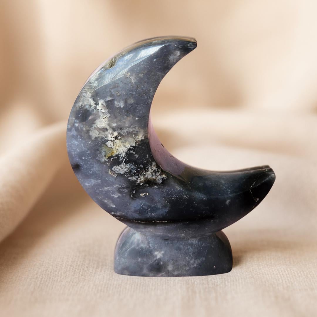Agate Moon Crystal Carving Blue Plume Agate rare crystal gift Home She