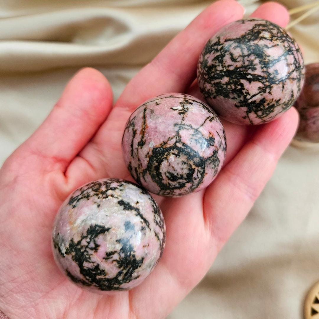 Rhodonite sphere polished crystal ball pink black stone home decor Chr