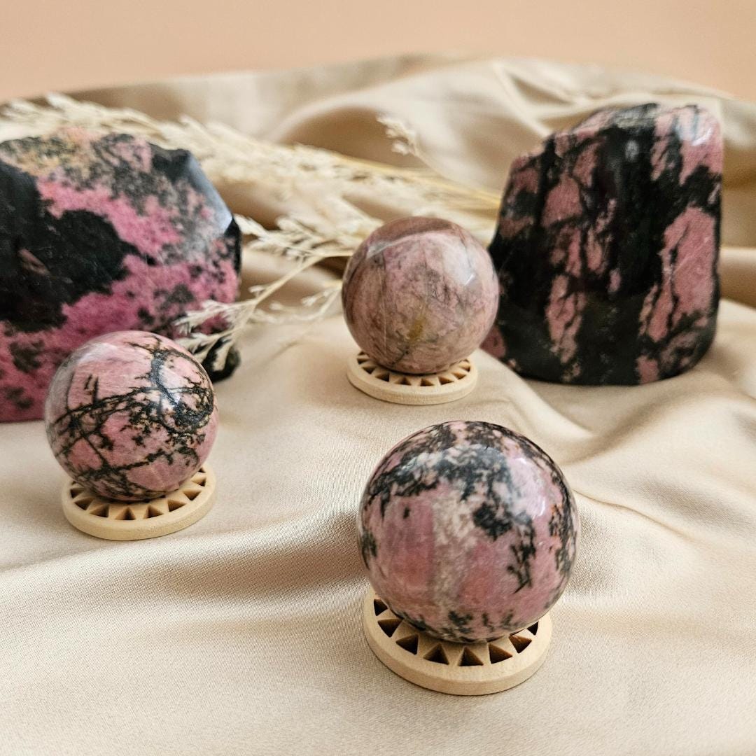 Rhodonite sphere polished crystal ball pink black stone home decor Chr