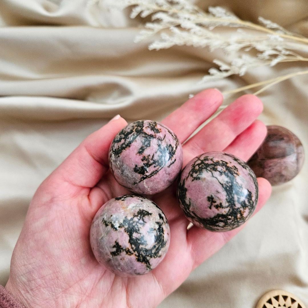Rhodonite sphere polished crystal ball pink black stone home decor Chr
