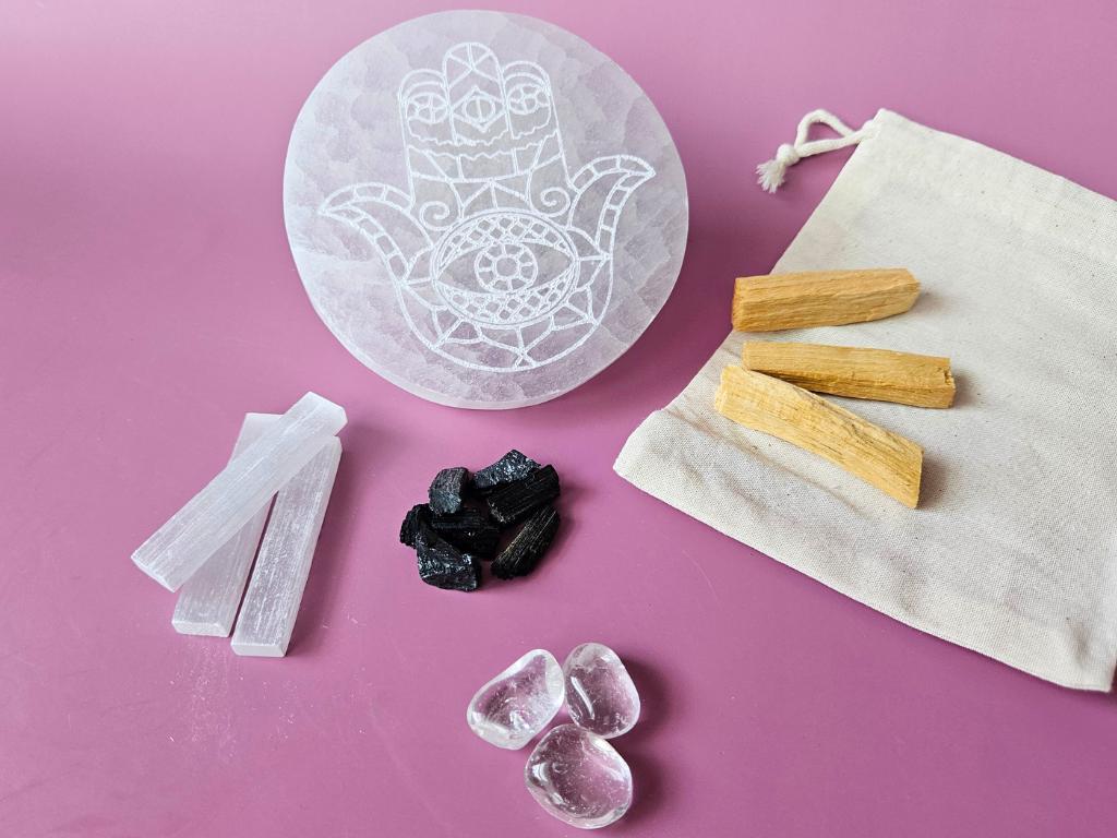 Selenite Hamsa charging Plate Protection Cleansing spiritual Gift Set 