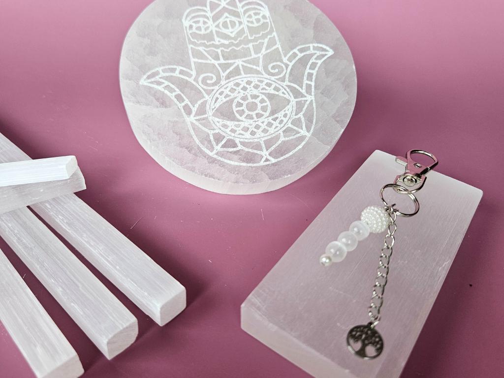 Selenite Crystal Collection sticks charging plate slabs keychain clean