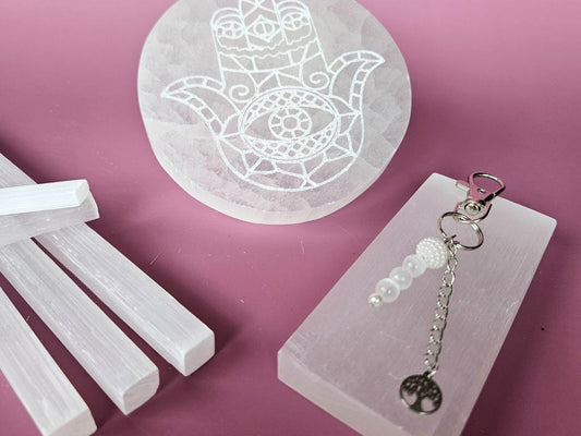 Selenite Crystal Collection sticks charging plate slabs keychain clean