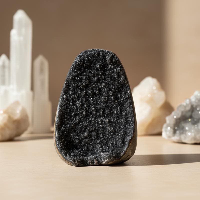 Black Amethyst crystal Geode Sparkling Druzy Natural Decor dark quartz