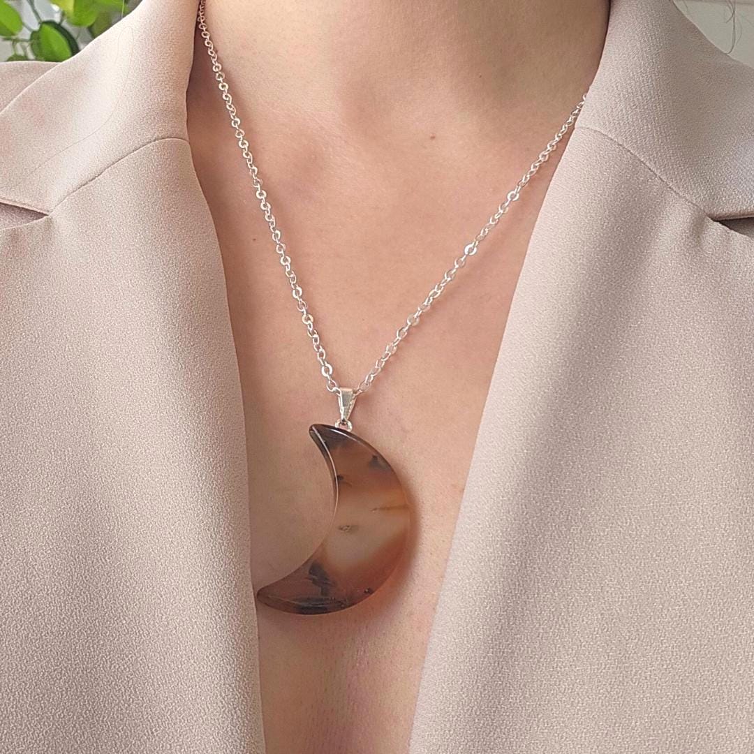Crystal Necklace Agate Moon Crystal Pendant Natural Stone Jewelry Gift