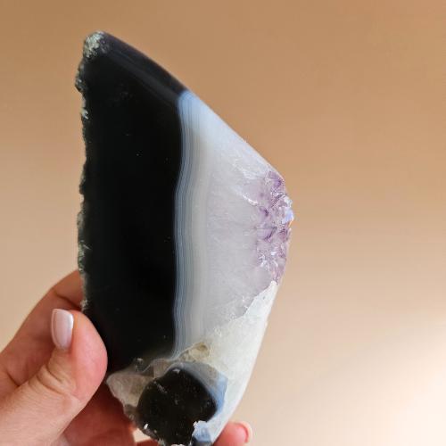 Agate geode slice banded with amethyst agate polished crystal specimen