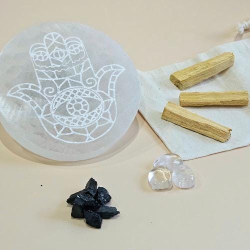 Selenite Hamsa charging Plate Protection Cleansing spiritual Gift Set 