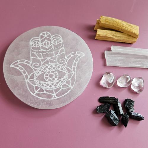Selenite Hamsa charging Plate Protection Cleansing spiritual Gift Set 