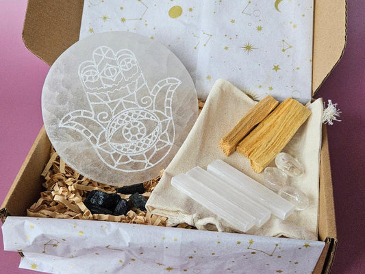 Selenite Hamsa charging Plate Protection Cleansing spiritual Gift Set 