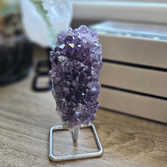 Amethyst Crystal Cluster on Metal Stand Display Home Office Decor Spiritual Gift Energy Stone Meditation Altar Purple Crystal gift idea