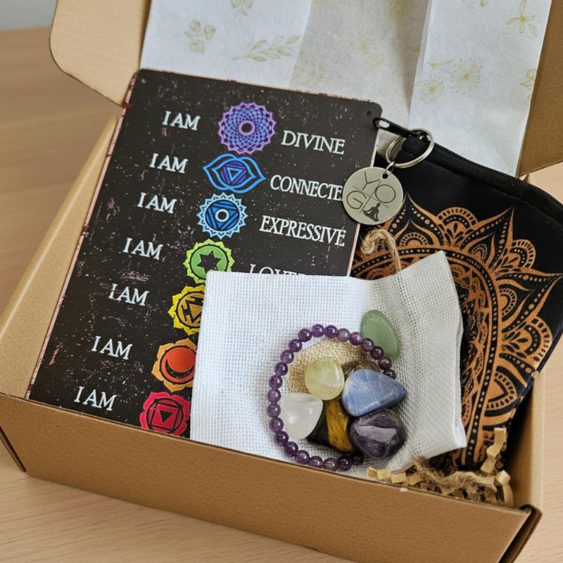 Chakra crystal gift box with 7 chakra stones yoga pouch affirmation ca