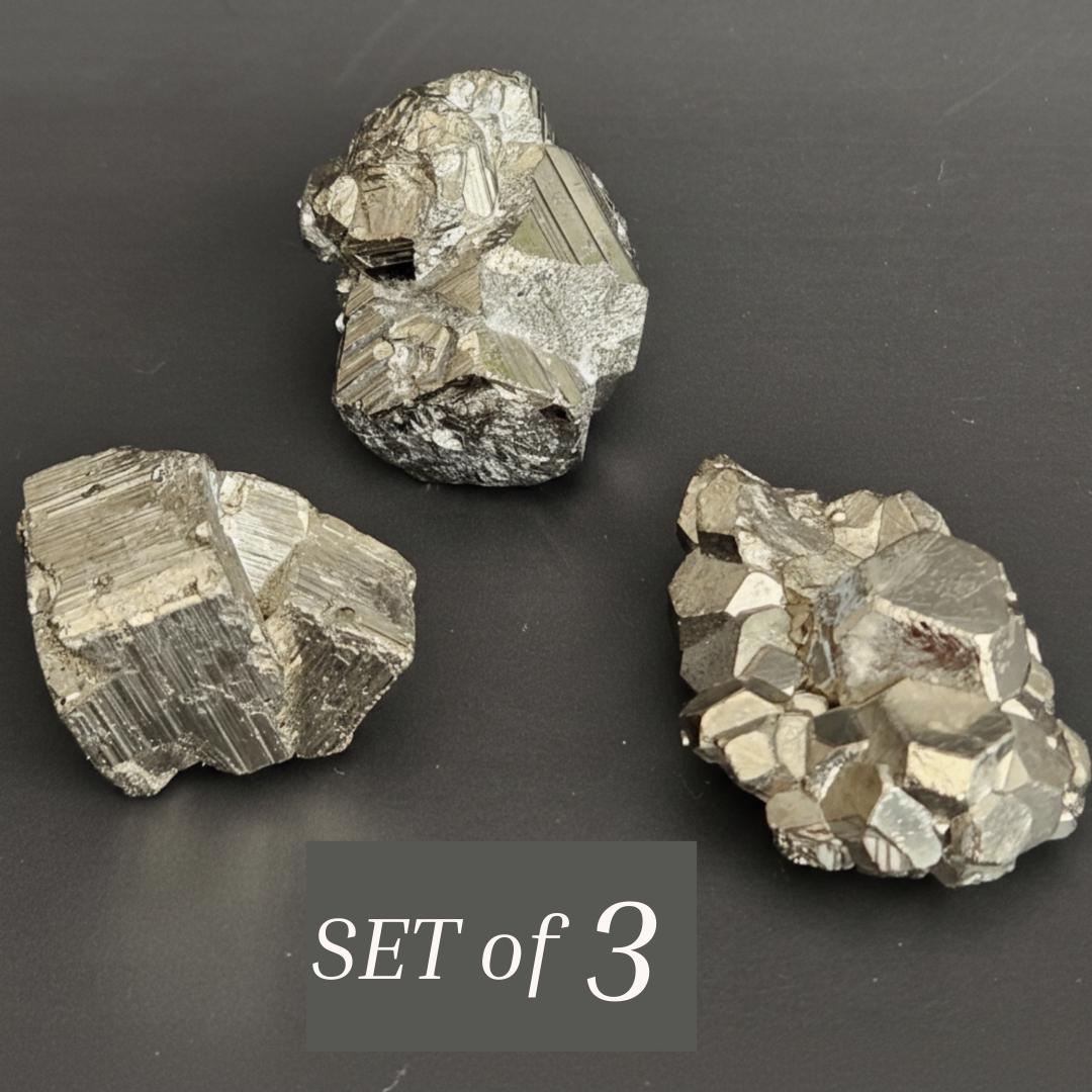3 x pyrite clusters fools gold metallic crystal stones crystal grid di