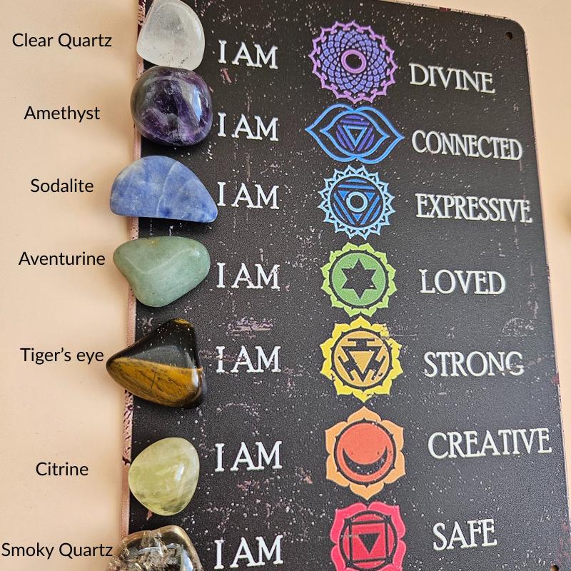 Chakra crystal gift box with 7 chakra stones yoga pouch affirmation ca