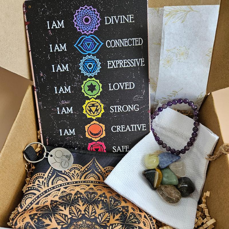 Chakra crystal gift box with 7 chakra stones yoga pouch affirmation ca