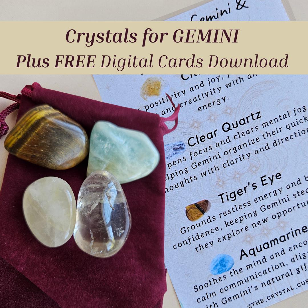 Gemini Birthday Crystal Gift Set Clear Quartz Aquamarine Tigers Eye Ci