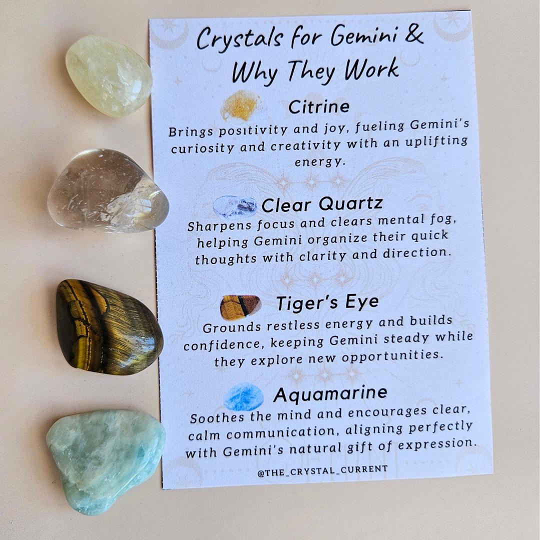 Gemini Birthday Crystal Gift Set Clear Quartz Aquamarine Tigers Eye Ci
