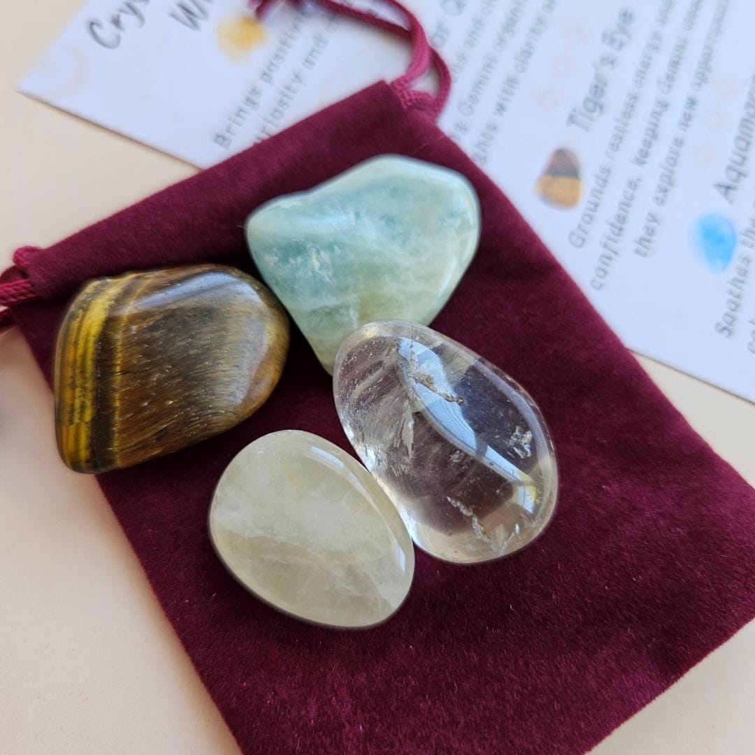 Gemini Birthday Crystal Gift Set Clear Quartz Aquamarine Tigers Eye Ci