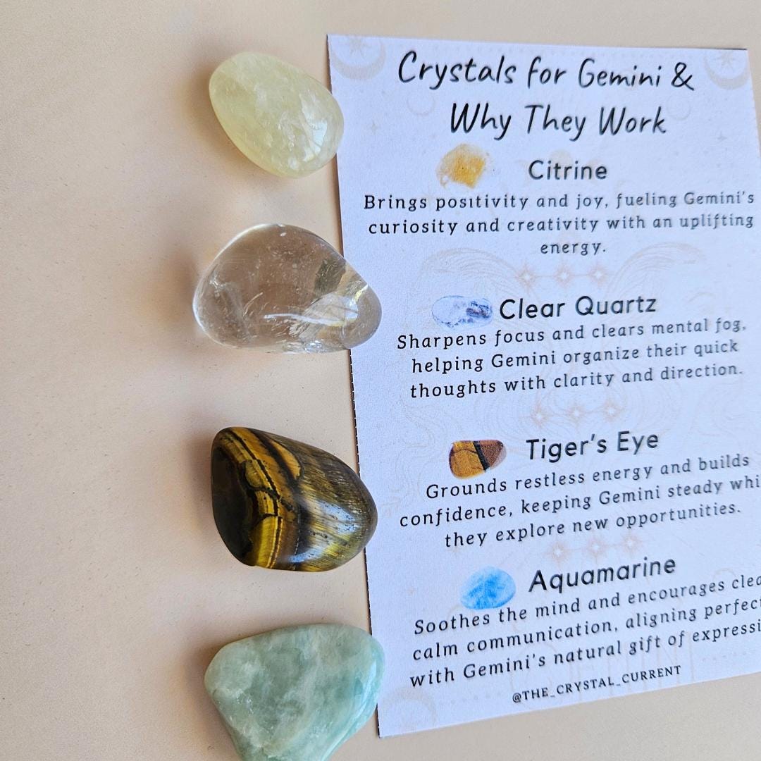 Gemini Birthday Crystal Gift Set Clear Quartz Aquamarine Tigers Eye Ci