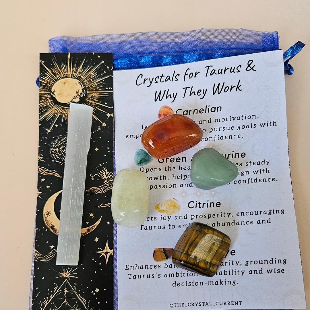 Taurus Crystal Set with Info Card  Carnelian Green Aventurine Citrine 