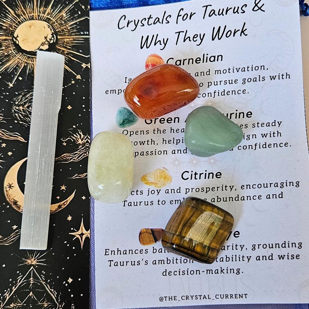 Taurus Crystal Set with Info Card  Carnelian Green Aventurine Citrine 