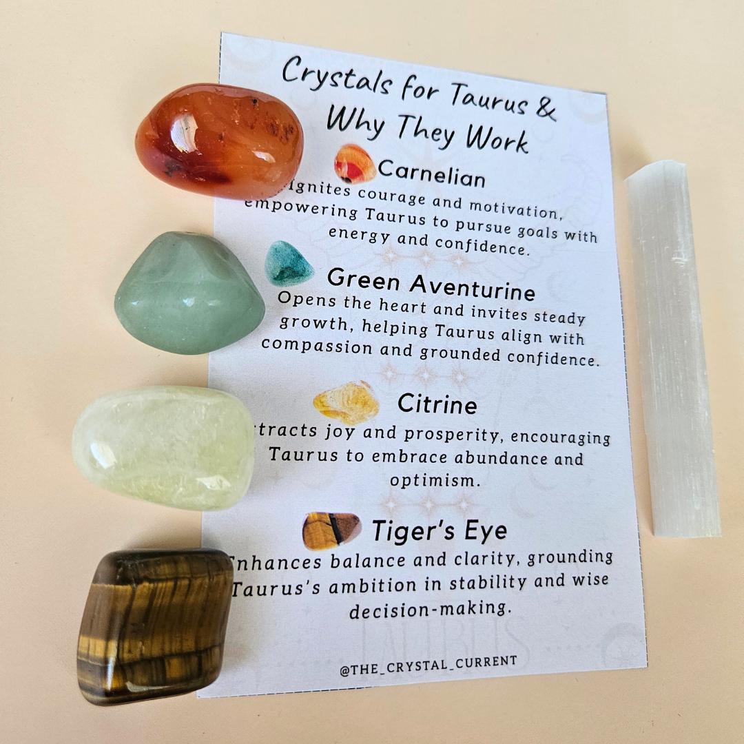 Taurus Crystal Set with Info Card  Carnelian Green Aventurine Citrine 