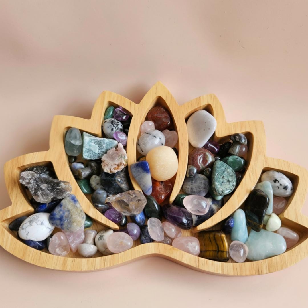 Wooden Crystal Display Tray Large Lotus Organizer for Tumbled Stones J