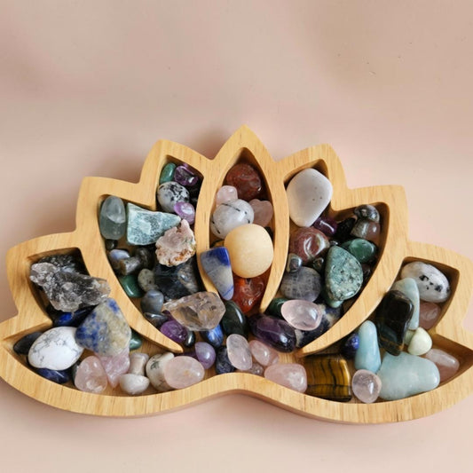 Wooden Crystal Display Tray Large Lotus Organizer for Tumbled Stones J