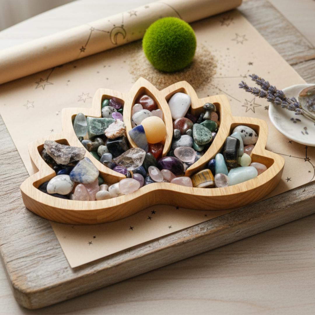 Wooden Crystal Display Tray Large Lotus Organizer for Tumbled Stones J