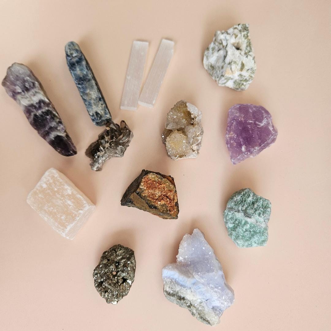 Beginner Crystal kit 12 Raw Crystals Set Amethyst Pyrite Blue Lace Aga