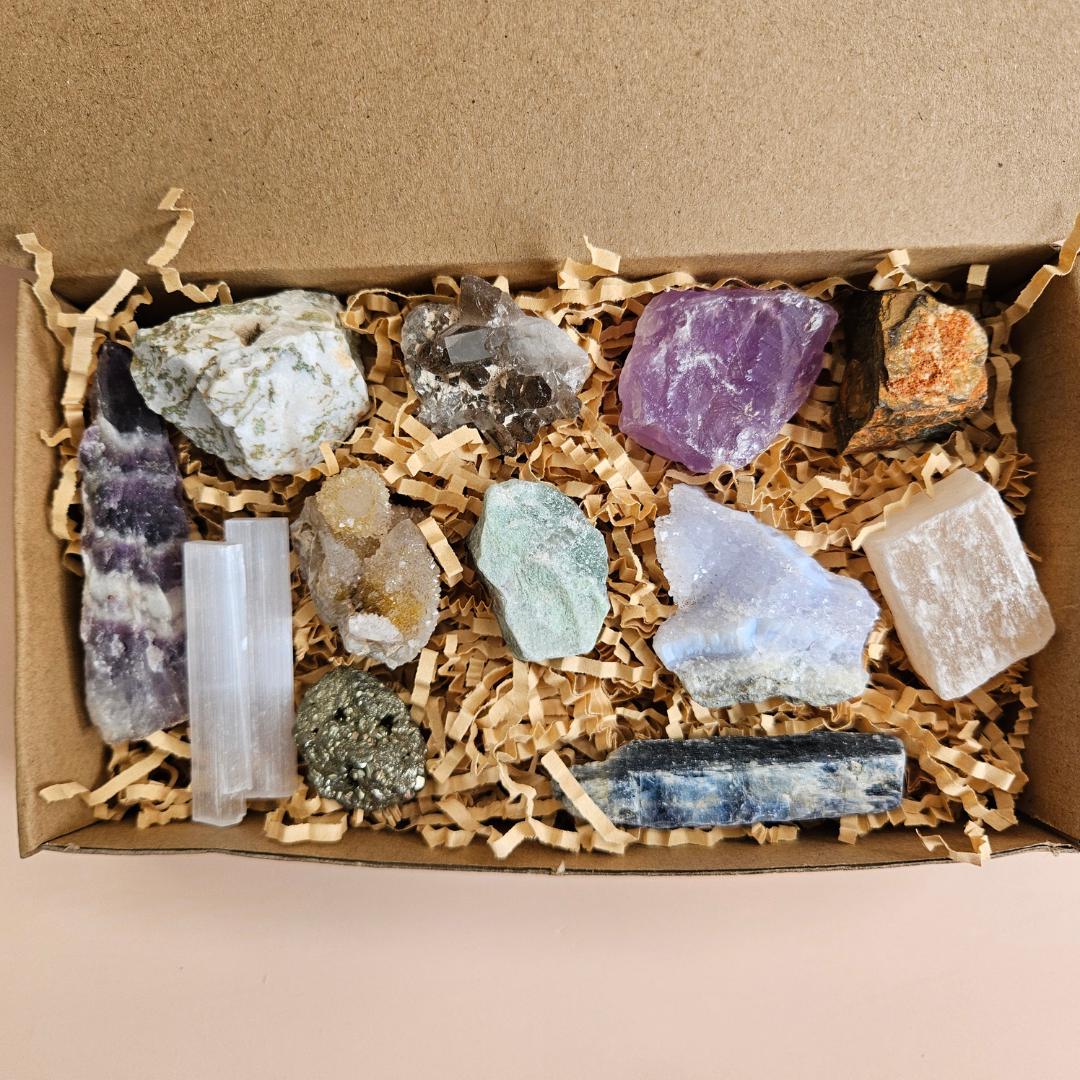 Beginner Crystal kit 12 Raw Crystals Set Amethyst Pyrite Blue Lace Aga