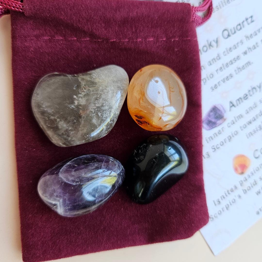 Crystal Kit Scorpio Star Sign Smoky Quartz Amethyst Carnelian Black Ob