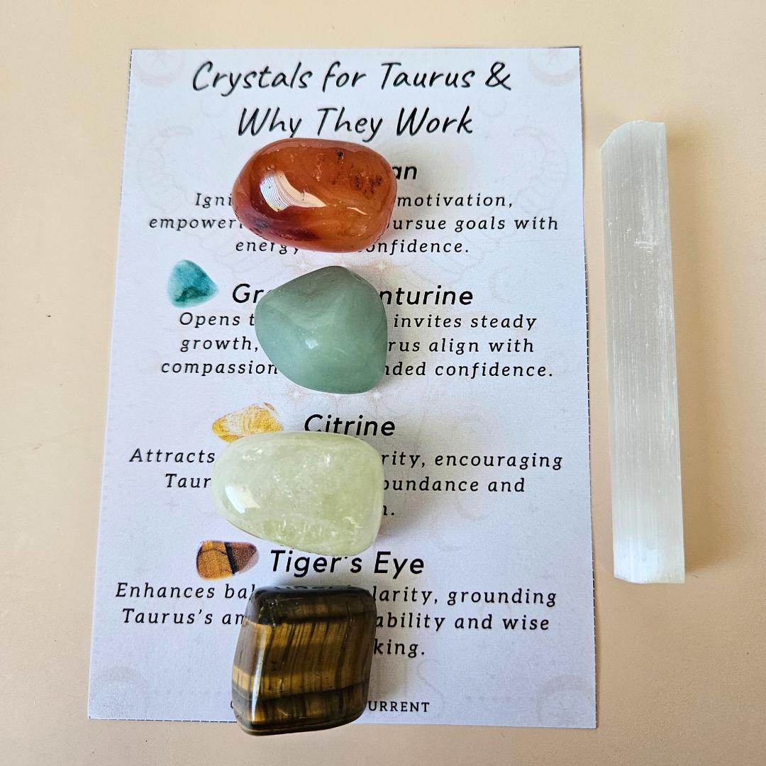 Taurus Crystal Set with Info Card  Carnelian Green Aventurine Citrine 