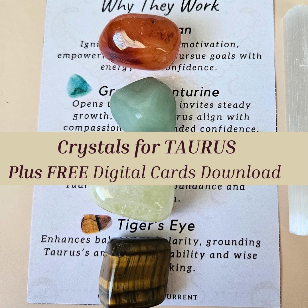 Taurus Crystal Set with Info Card  Carnelian Green Aventurine Citrine 