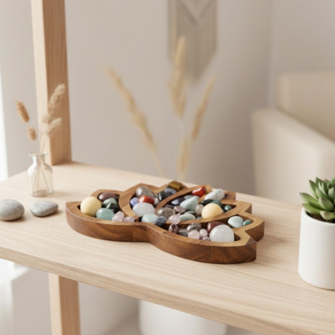 Wooden Crystal Display Tray Large Lotus Organizer for Tumbled Stones J