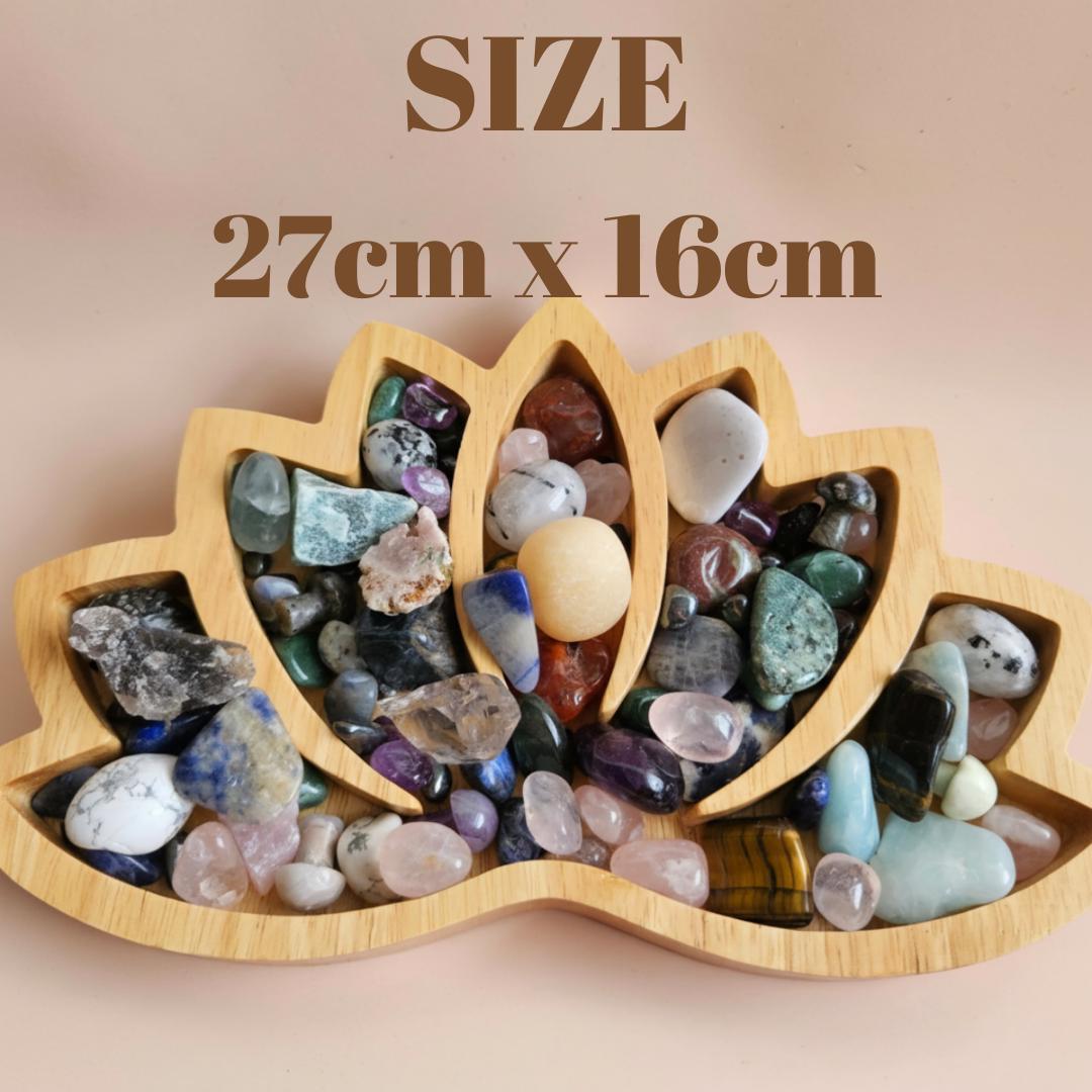 Wooden Crystal Display Tray Large Lotus Organizer for Tumbled Stones J