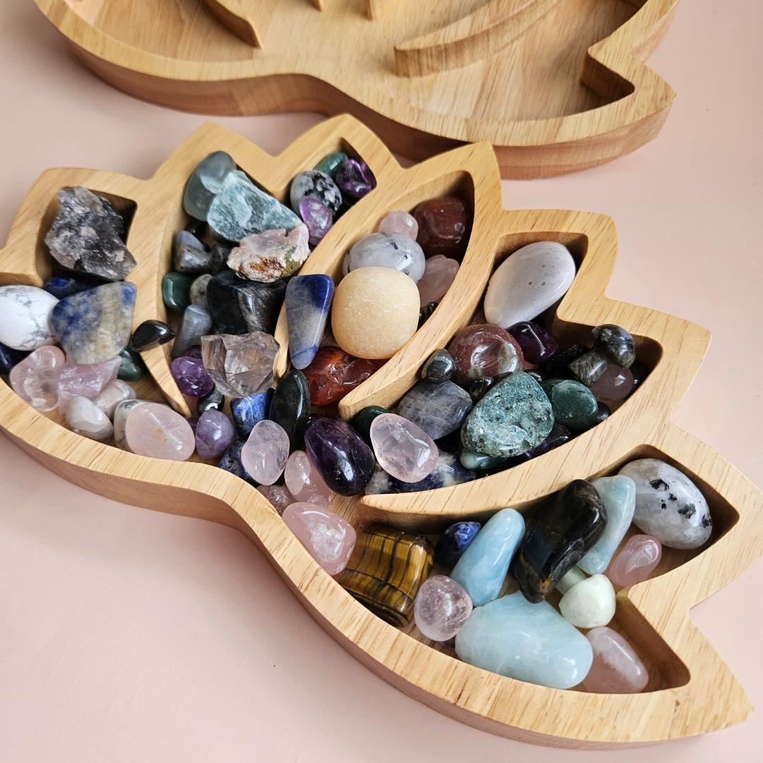 Wooden Crystal Display Tray Large Lotus Organizer for Tumbled Stones J