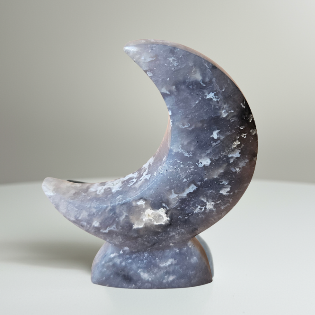 Blue Plume Agate Moon Crystal Display