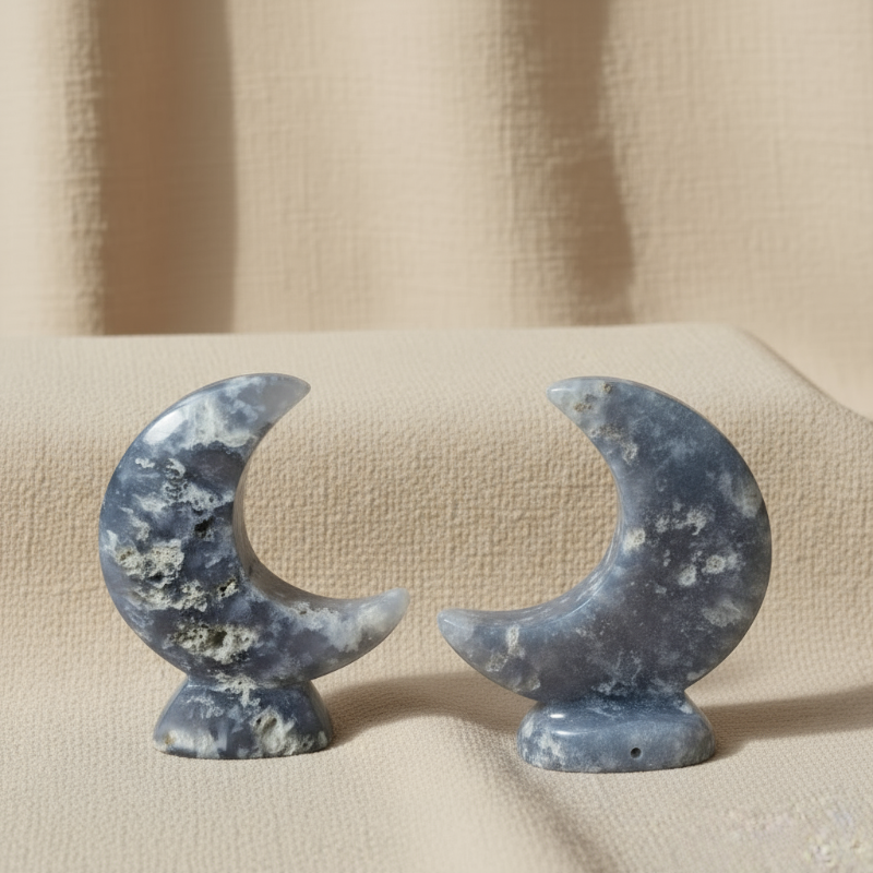 Blue Plume Agate Moon Crystal Display