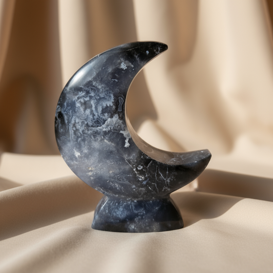 Blue Plume Agate Moon Crystal Display